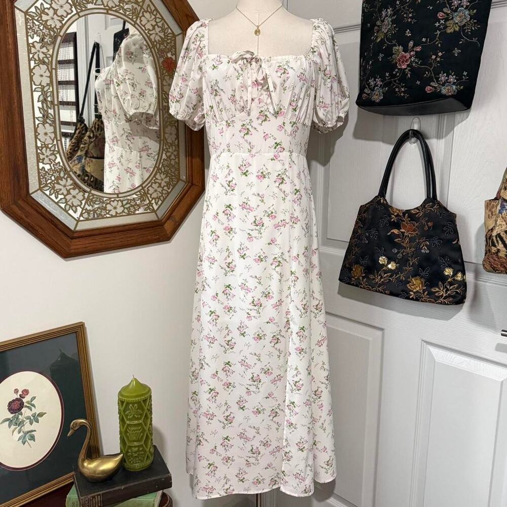 NooR White & Pink Floral Pattern Cottagecore Puff Sleeve Milkmaid Midi Dress - Picture 3 of 8
